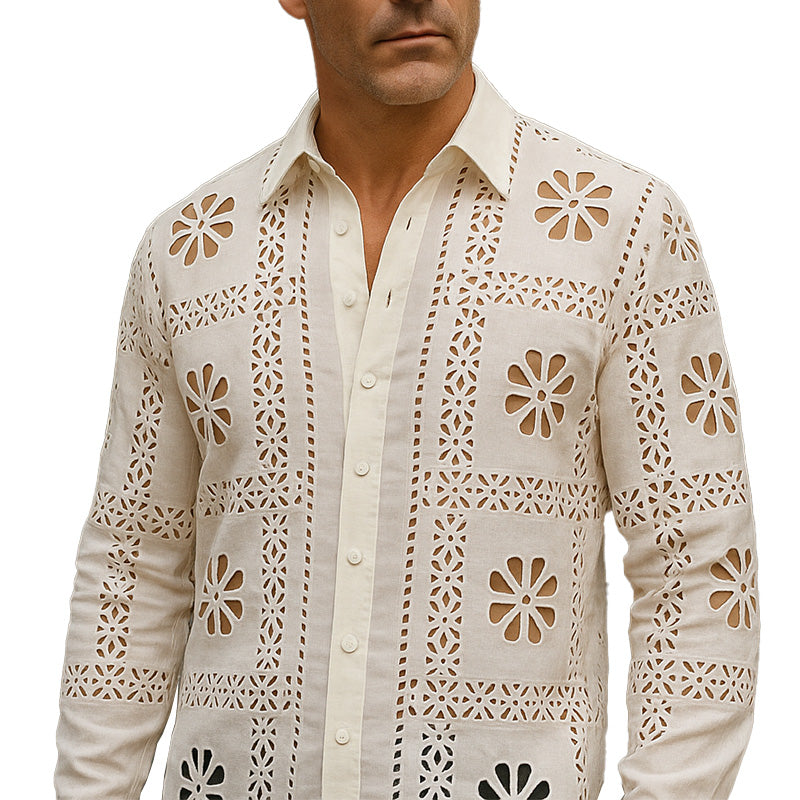 Men's Summer Simple Hollow Carved Cotton Blended Long Sleeve Shirt MTA2330E3P