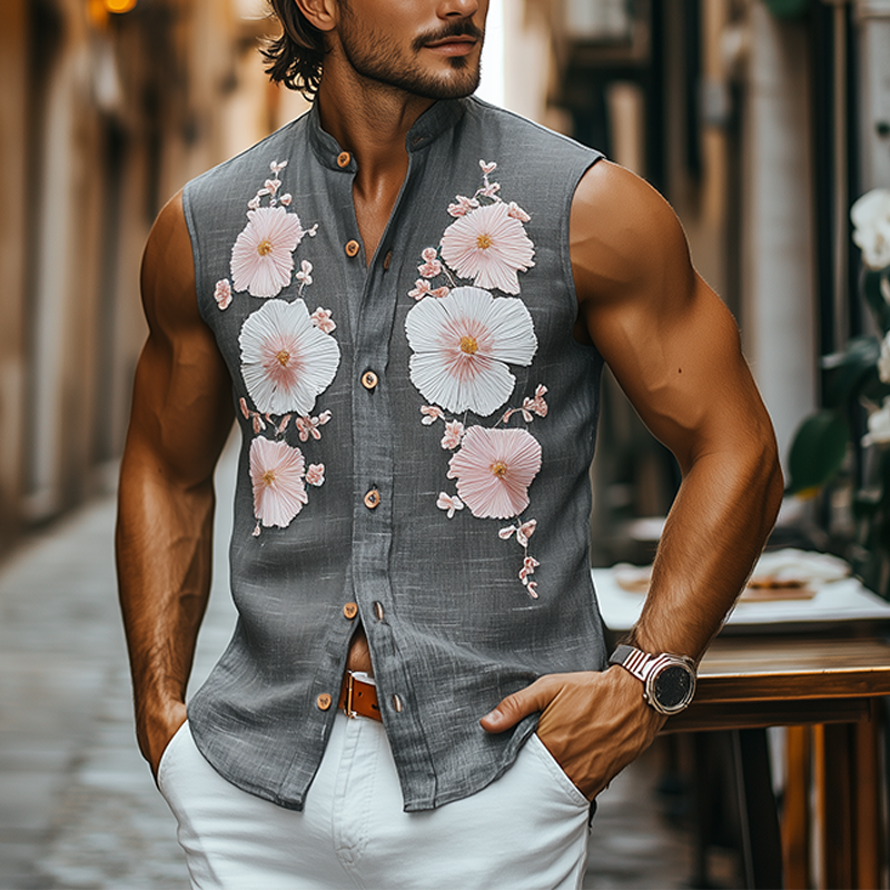 Men's Spring And Summer Casual Sicily Style Stand-up Collar Towel Embroidery Cotton And Linen Slim Sleeveless Shirt MTA1012F4K