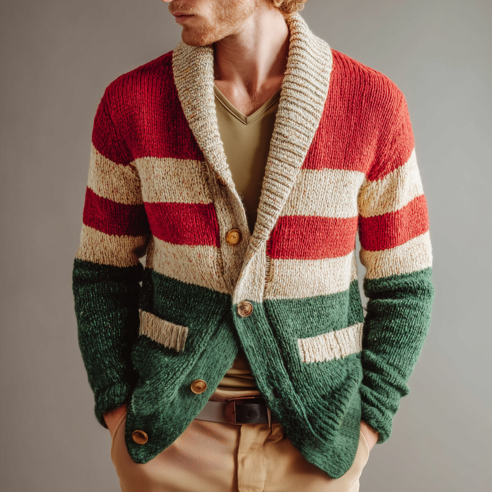 Men's Classic Casual Christmas Party Red And Green Horizontal Striped Cardigan MTA2968I8K