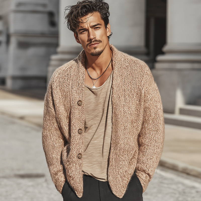 Men's Casual Khaki Button-up Knit Cardigan MTA2937K3U