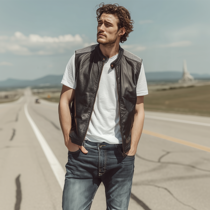 Men's Spring And Summer Fashion Casual Shoulder Splicing Mesh Fabric Stand Collar Zipper Leather Vest MTA0309G5K