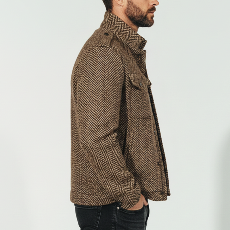 Men's Classic Stand-up Collar Herringbone Faux Wool Zip-up Snap-button Jacket MTA1893K4U