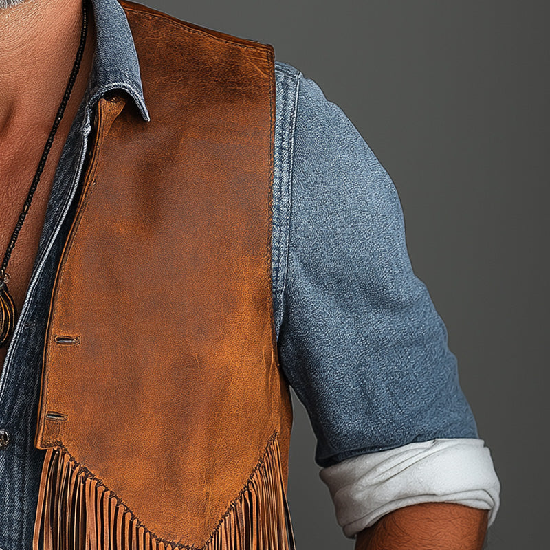 Men's Summer Western Cowboy Style Leather Tassel Vest MTA2995D9P