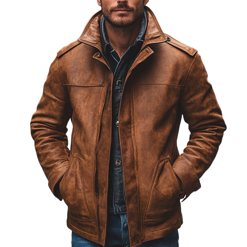 Men's Retro Solid Color Lapel Zipper PU Jacket MTA0535K9X