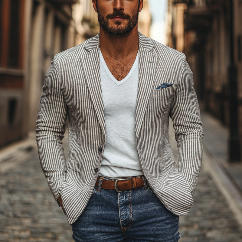 Men's Casual Breathable Linen Pinstripe Notched Lapel Single Breasted Slim Fit Blazer MTA2850D5M