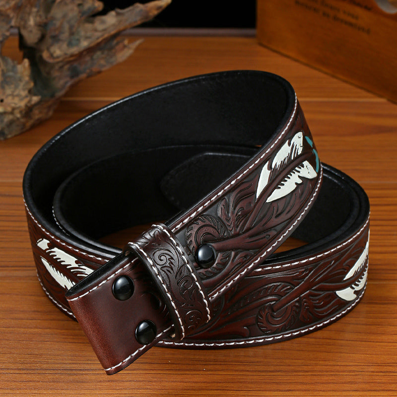 Men's Vintage Genuine Leather Punk Style Embossed Feather Snap Belt MTA0850E9U