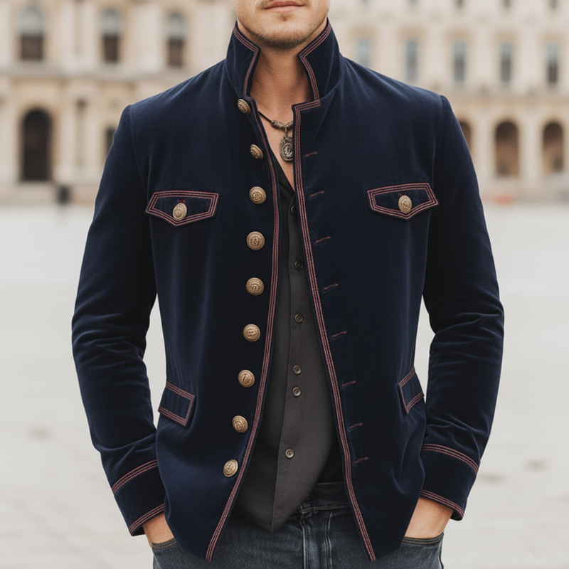 Men's Vintage Velvet Stand-Collar Multi-Button Embroidered Slim-Fit Jacket MTA1188K3U