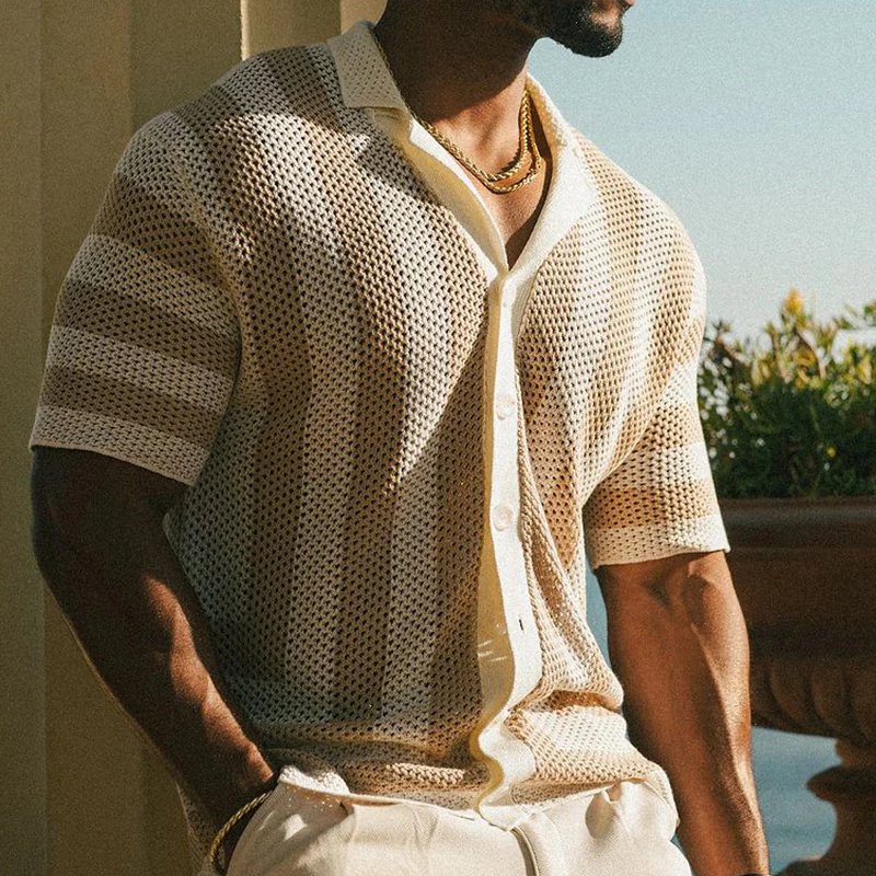 Men's Spring And Summer Fashion Casual Hollow Striped Knitted Short-sleeved Shirt MTA0466G0K