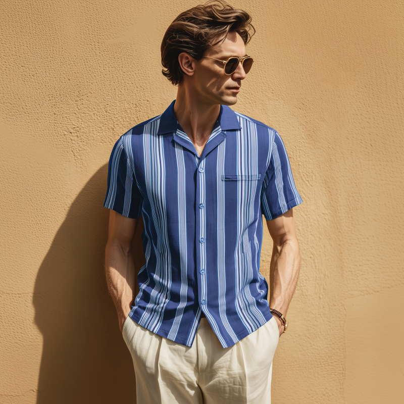 Men's Fashion Breathable Stripe Print Lapel Slim Fit Short Sleeve Shirt MTA0430G6M