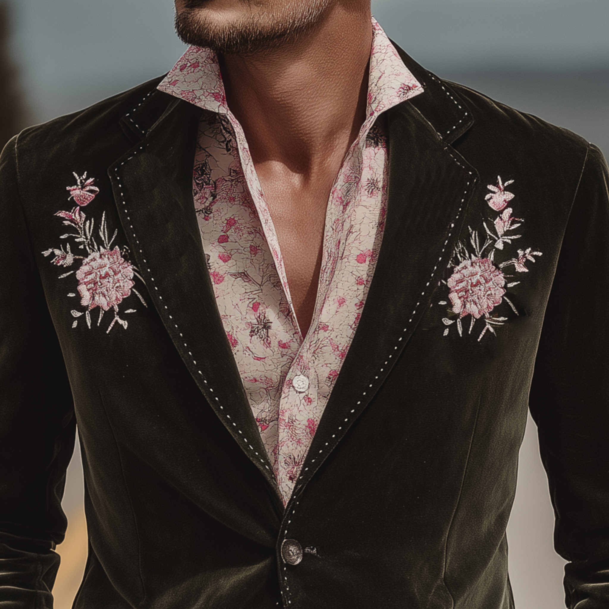 Men's Classic Retro Western Suede Floral Embroidered Single-Breasted Blazer MTA1235H0K