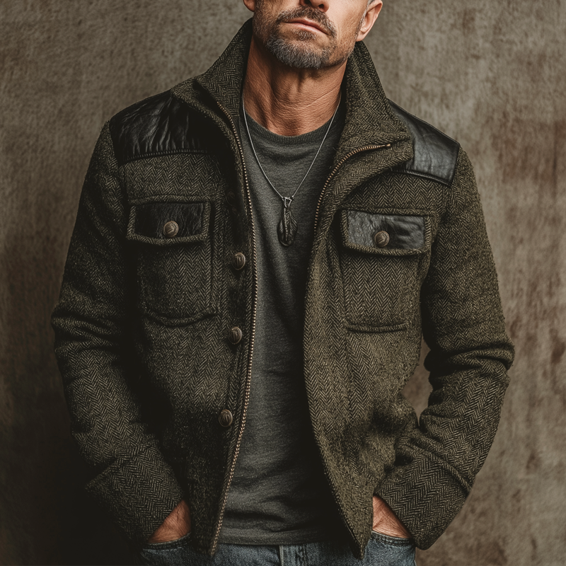 Men's Classic Stand-collar Herringbone Pattern Faux Wool And PU Leather Jacket MTA2000K1U