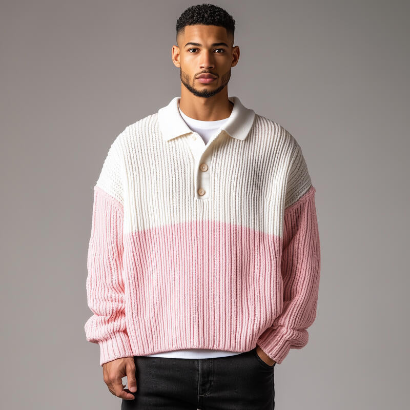 Men's Casual Contrast Color Polo Collar Loose Knit Long Sleeve Pullover Sweater MTA2716H0M