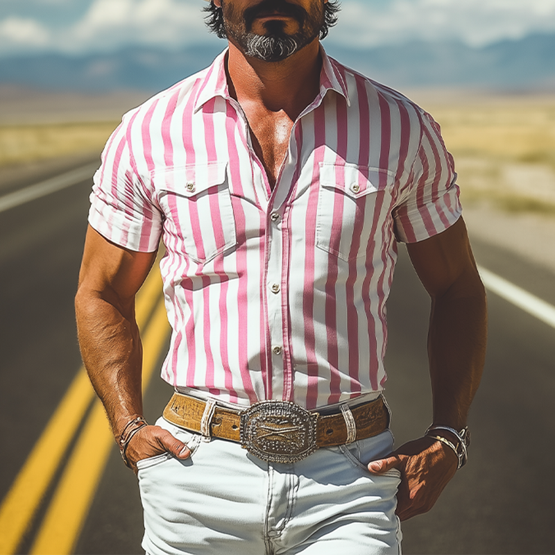 Men's Summer Fashion Casual Retro Western Style Vertical Striped Cotton Blended Slim Fit Short Sleeve Shirt MTA2893D8K