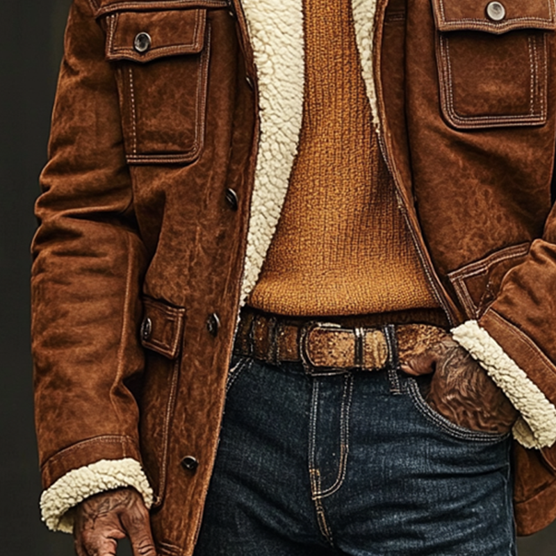 Men's Western Retro Lapel Splicing Polar Fleece Lapel Mid-Length Coat MTA1136J7X