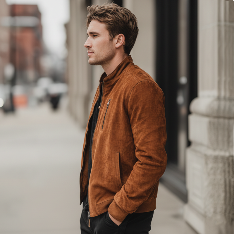 Men's Classic Suede Colorblock Collar Zip-Up Jacket MTA2848I8U