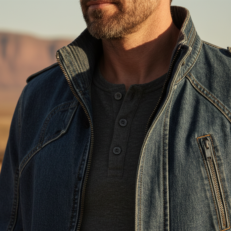 Men's Vintage Washed Denim Stand-collar Zip-up Jacket (with Belt) MTA2966L0P