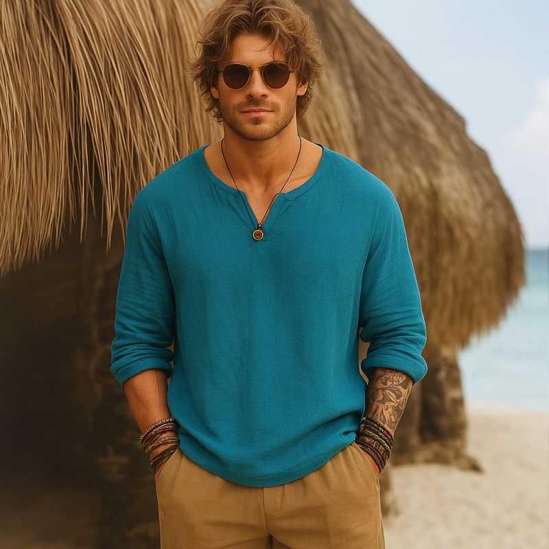 Men's Casual Solid Color Breathable Cotton Bubble Wrinkled V-neck Loose Long-sleeved T-shirt MTA0159G0M