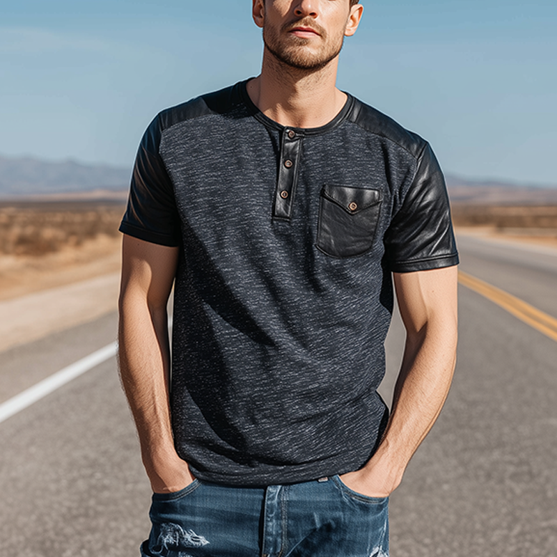 Men's Classic Casual Cotton Blend Splicing PU Leather Henley Collar Short Sleeve T-Shirt MTA0346G1K