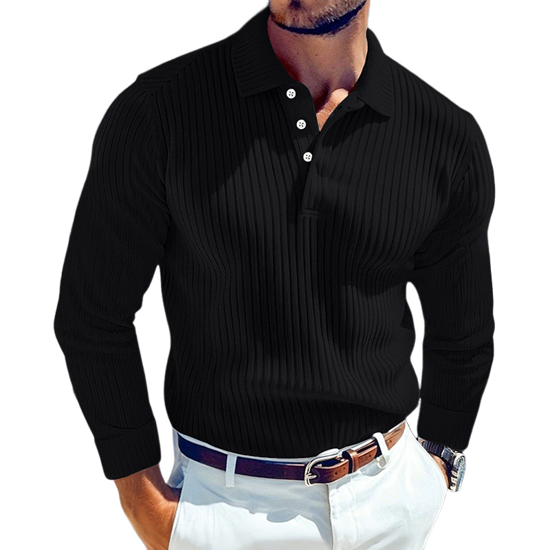 Men's Solid Color Knitted Slim Fit Lapel Long Sleeve POLO Shirt MTA0925I6X