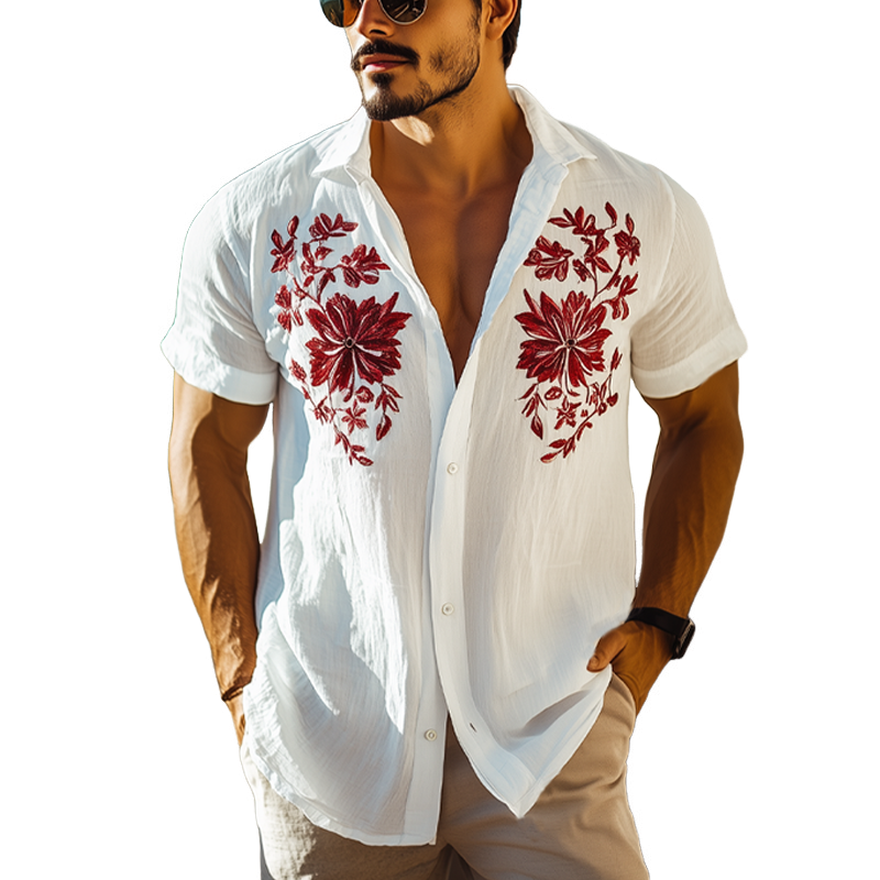 Men's Floral Embroidered Cotton Casual Short Sleeve Shirt MTA2523F6U