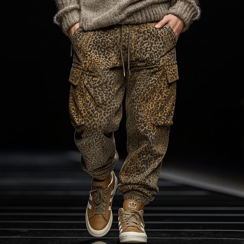 Men's Classic Leopard Print Lace-Up Elastic Waist Sports Pants MTA2775J9U