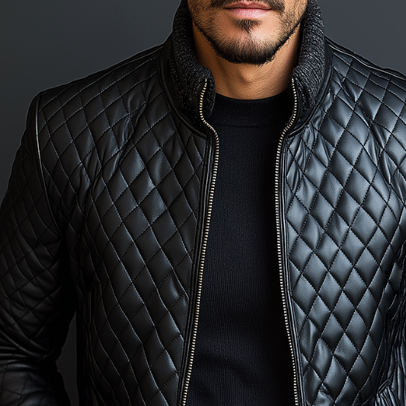 Men's Vintage Casual Faux Leather Quilted Knit Zipper Stand Collar Jacket MTA1140J3TO