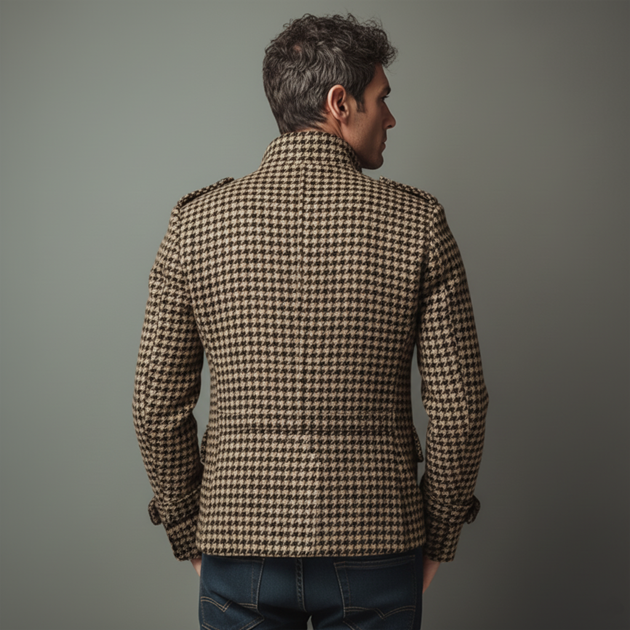 Men's Classic Retro Stand Collar Houndstooth Wool Single-breasted Slim-fit Jacket MTA1726I1K