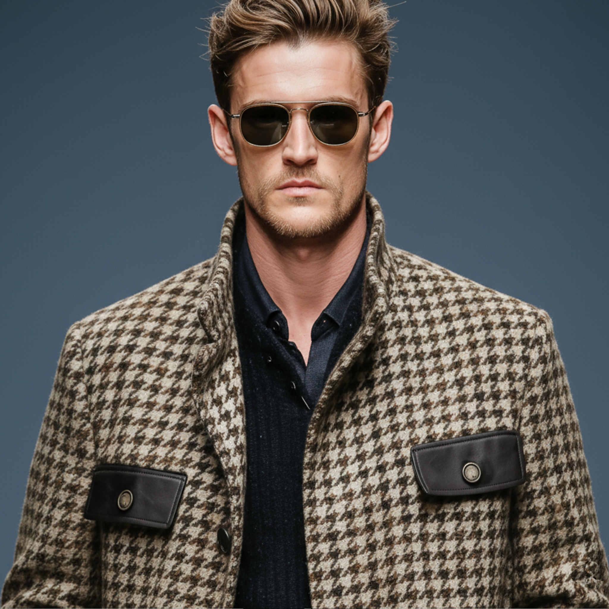 Men's Classic Retro Pocket Stitching PU Leather Stand Collar Faux Houndstooth Wool Coat MTA1199J8K
