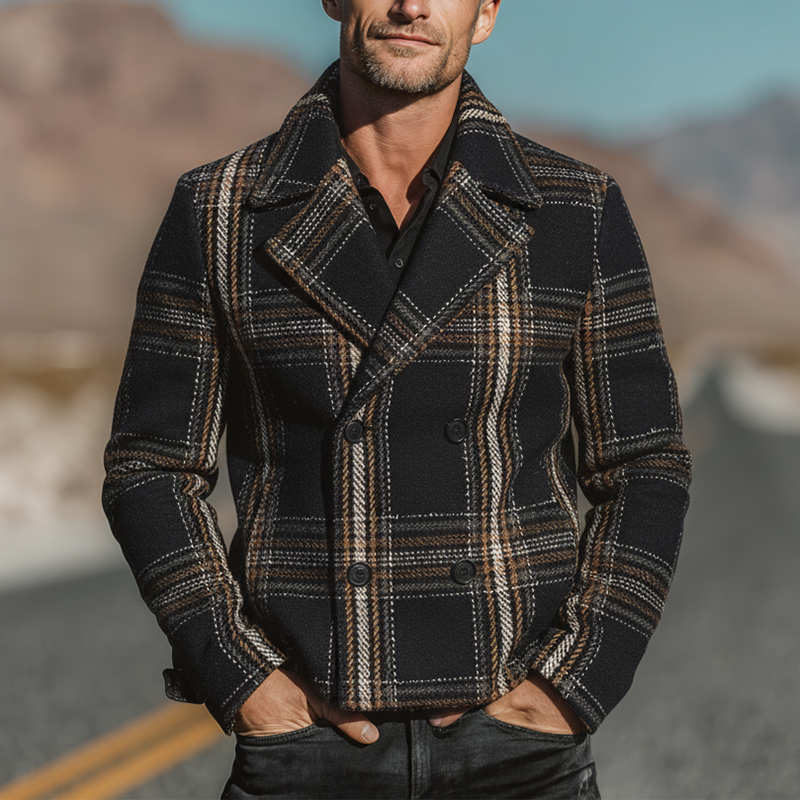 Men's Winter Fashion Plaid Faux Wool Double-breasted Short Lapel Coat MTA2556I7P