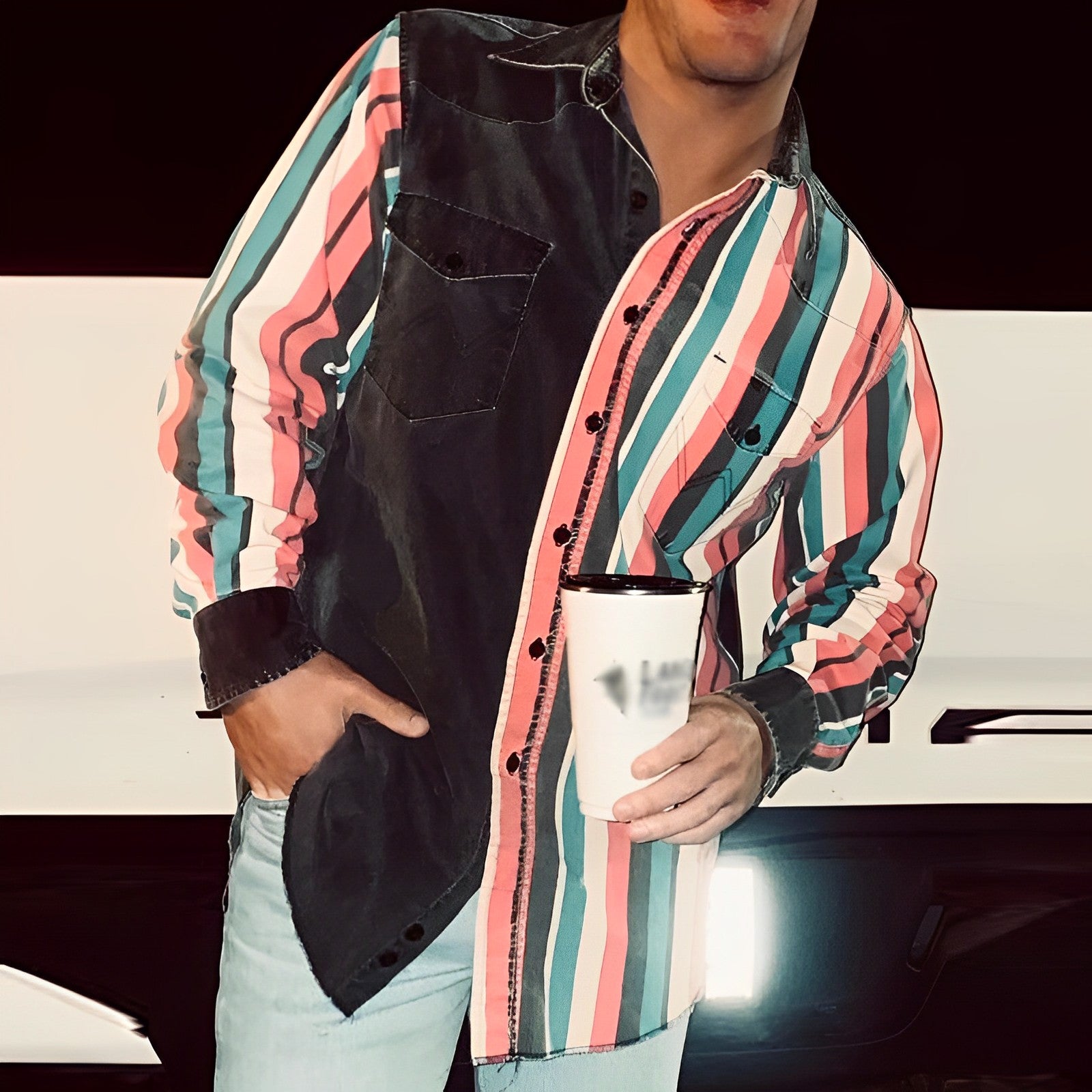Camisa de manga larga suelta con estampado de bloques de color retro para hombre 57994496M