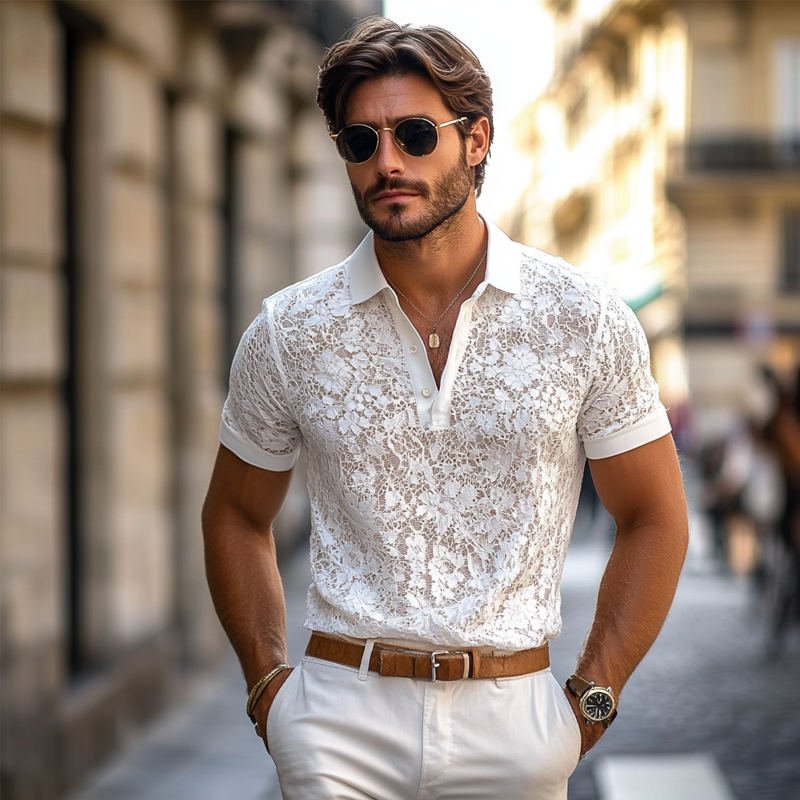 【24-hour shipping out】Men's Solid Lace Lapel Short Sleeve Casual Polo Shirt MTA0885E3Z