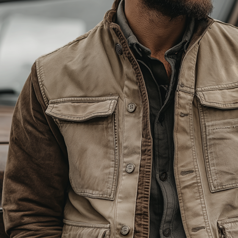 Men's Retro Casual Western Style Colorblock Cotton Washed Distressed Lapel Jacket MTA2814H0TO