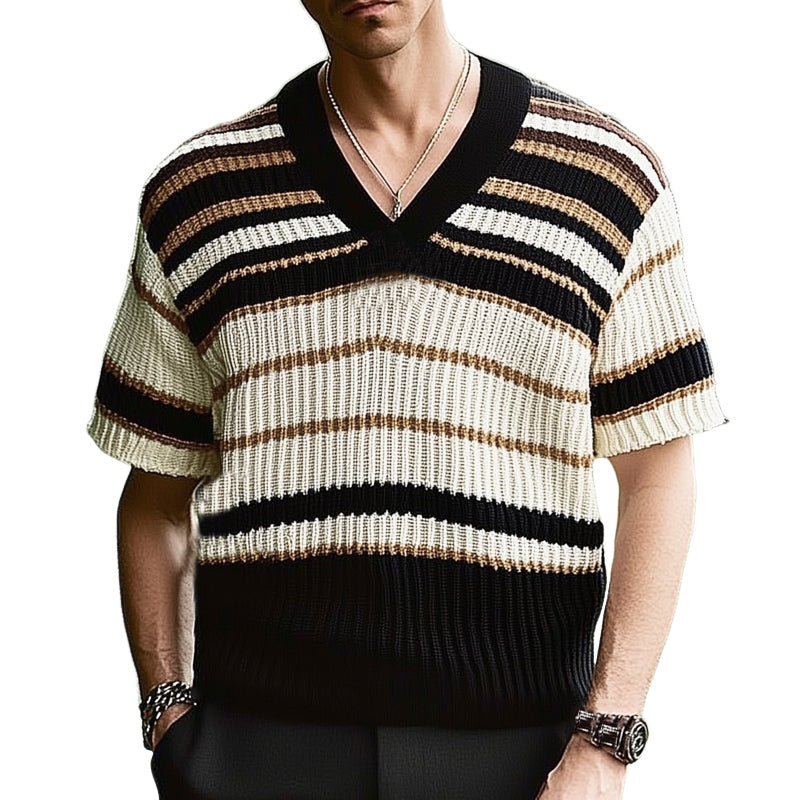Men's Summer Loose V-Neck Colorblock Line Knitted Short-Sleeved T-Shirt MTA2192E8U