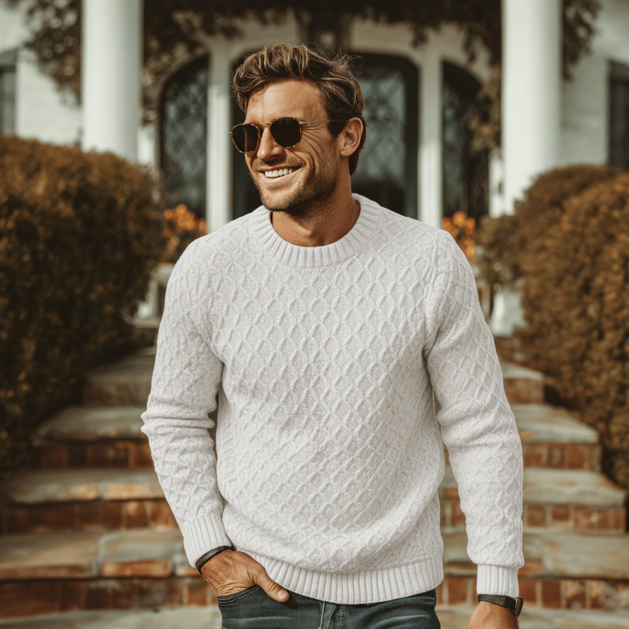 Men's Classic Casual Round Neck Jacquard Texture Sweater MTA2578J1K