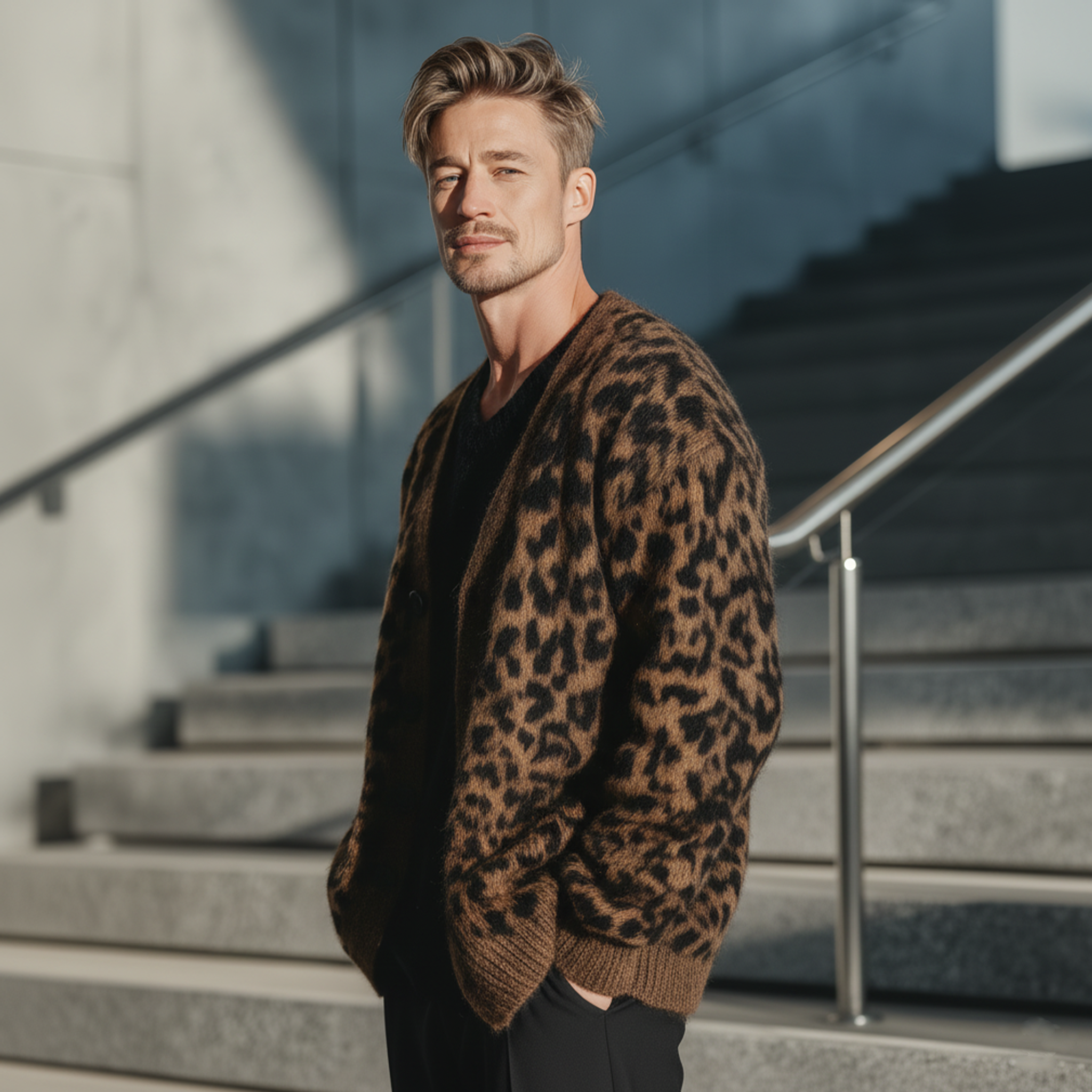 Men's Classic Casual Leopard Print Loose Knit Cardigan MTA1600J4K