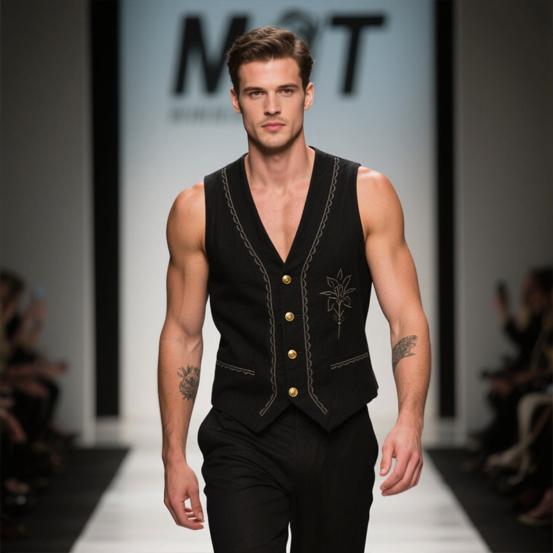 Men's Vintage Casual Cotton Embroidered Metal Single Breasted Vest MTA2919E5TO