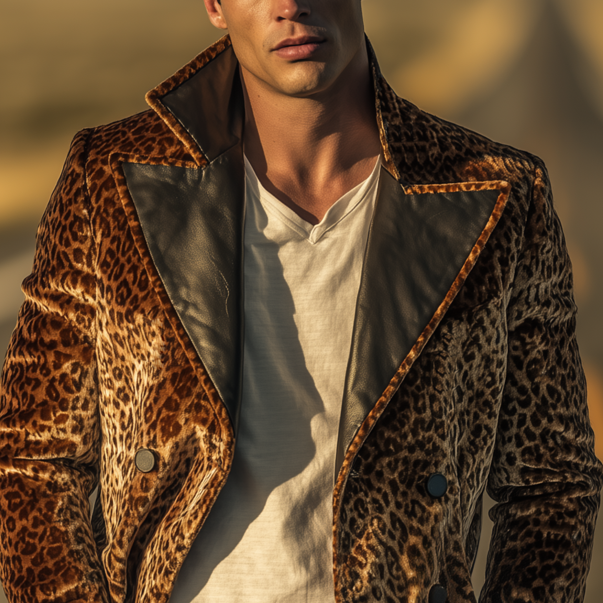 Men's Classic Vintage Pu Leather Lapel Double-breasted Velvet Leopard Print Jacket MTA0345I6K