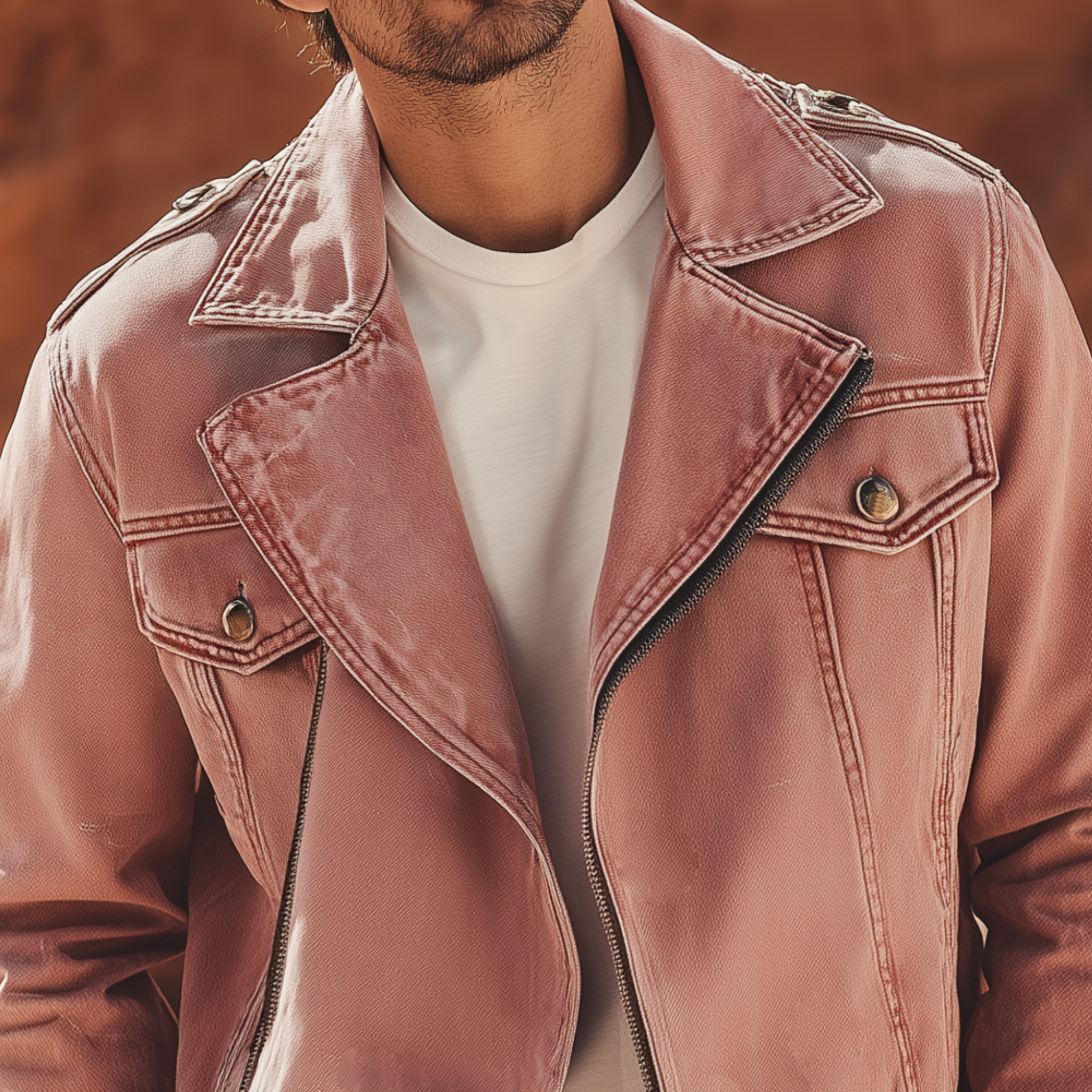 Men's Classic Casual Lapel Pink Washed Denim Zip-up Jacket MTA2193H4K