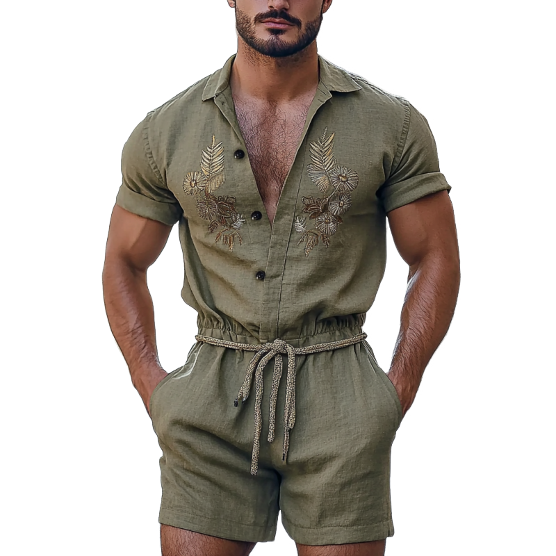 Men's Fashion Floral Embroidery Lapel Short Sleeve Single Breasted Drawstring Shorts Jumpsuit MTA2302F2Y