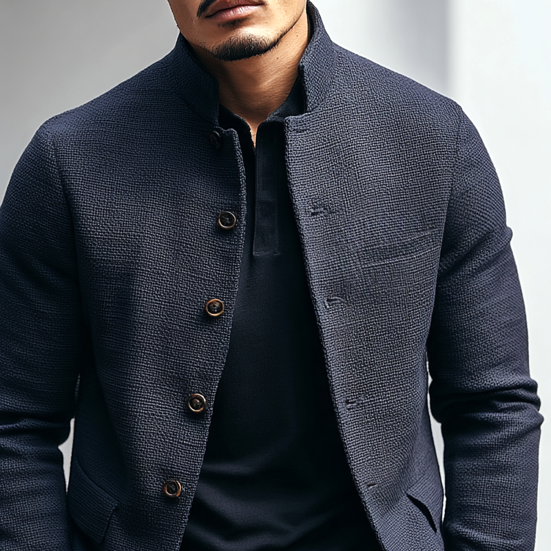 Men's Solid Textured Stand Collar Single Breasted Casual Jacket MTA2852H2Z