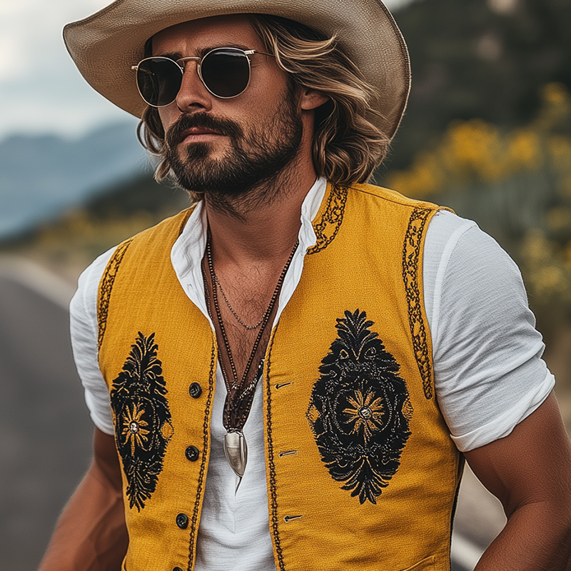 Men's Spring And Summer Casual American Retro Western Style Cotton And Linen Embroidered Vest MTA1643F1K