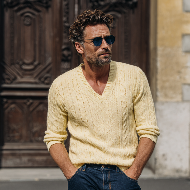 Men's Solid Color Knitted Cable Knit V-neck Pullover Sweater MTA1362H2X