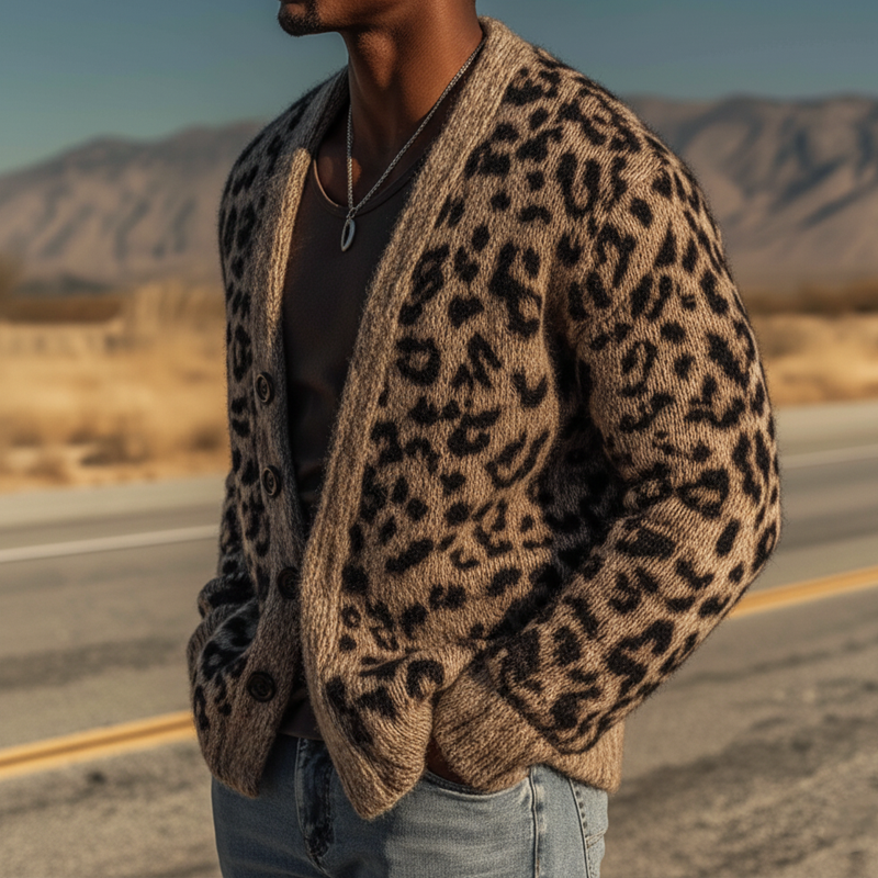 Men's Urban Warm Khaki Leopard Print Button-Down Cardigan MTA1836K6U