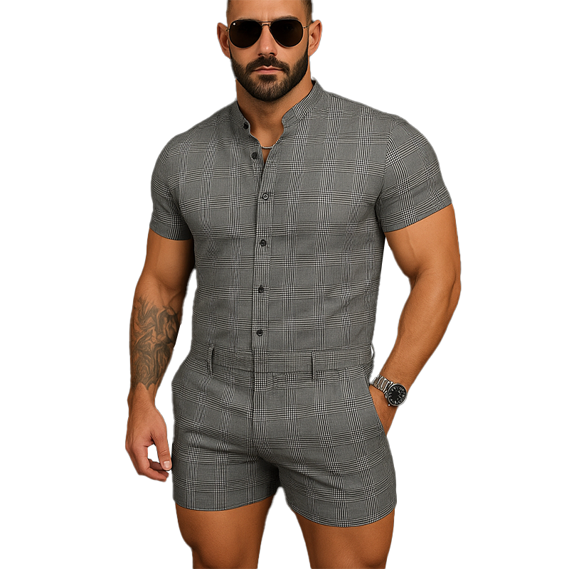Men's Summer Fashion Plaid Cotton And Linen Short Sleeve Shorts Jumpsuit MTA2359F7P