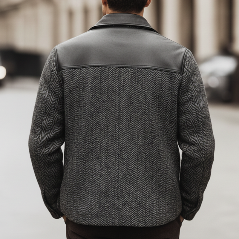 Men's Classic PU Leather Patchwork Faux Wool Button Jacket MTA3038K7U