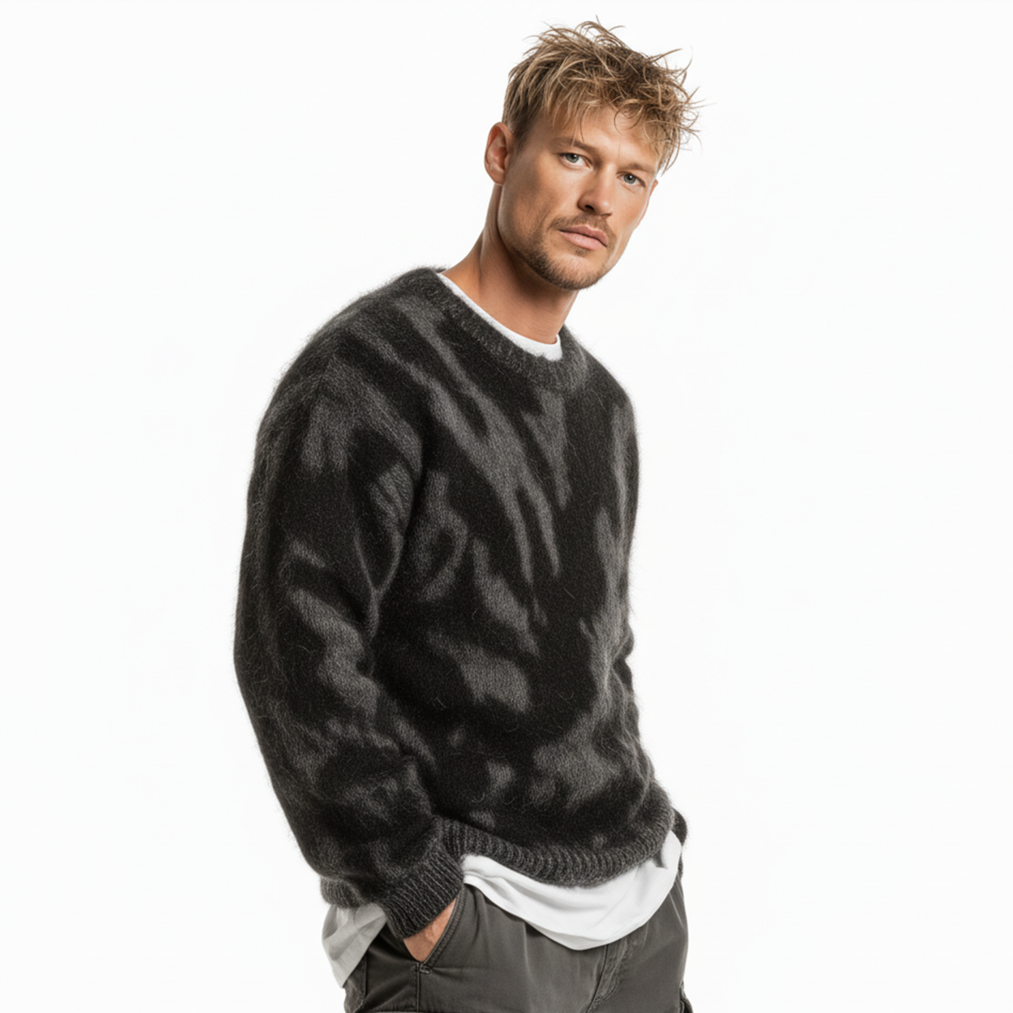 Men's Casual And Fashionable Round Neck Zebra Pattern Loose Sweater MTA1759J3K