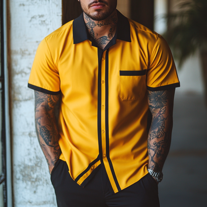 Men's Fashion Chiffon Colorblock Lapel Patch Pocket Loose Short-sleeved Shirt MTA2797E2M