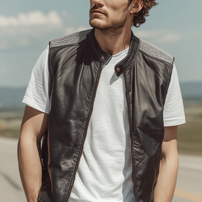 Men's Spring And Summer Fashion Casual Shoulder Splicing Mesh Fabric Stand Collar Zipper Leather Vest MTA0309G5K