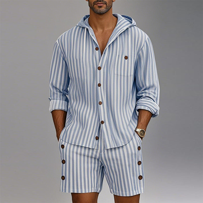 Men's Striped Print Long Sleeve Hoodie Shorts Casual Two-Piece Set MTA2916D8X
