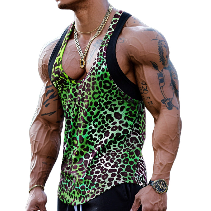 Sexy Patchwork-Tanktop mit U-Ausschnitt und Leopardenmuster für Herren 03756297M